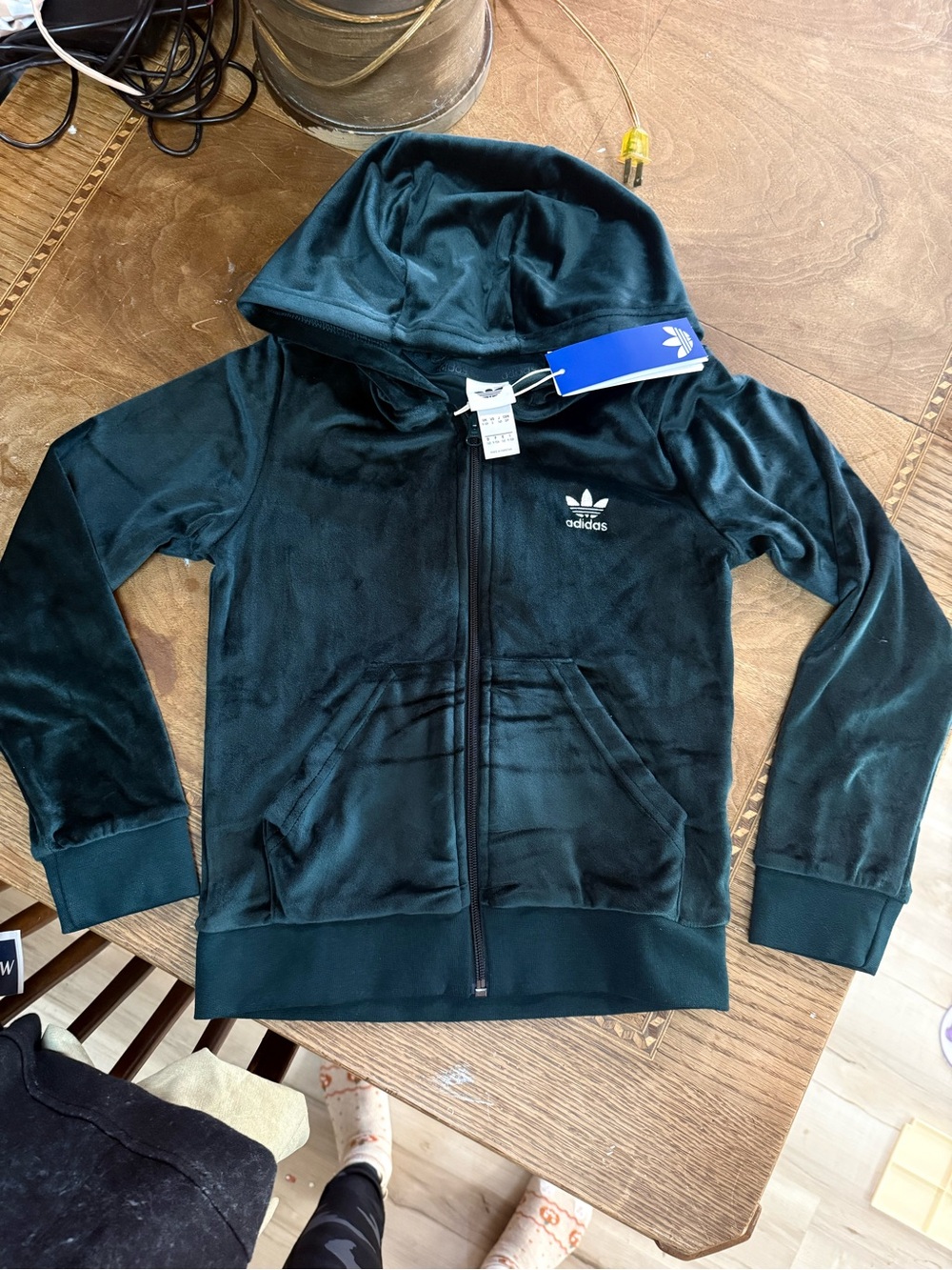 adidas Kids Velour Hooded Zip Jacket - Dark Green